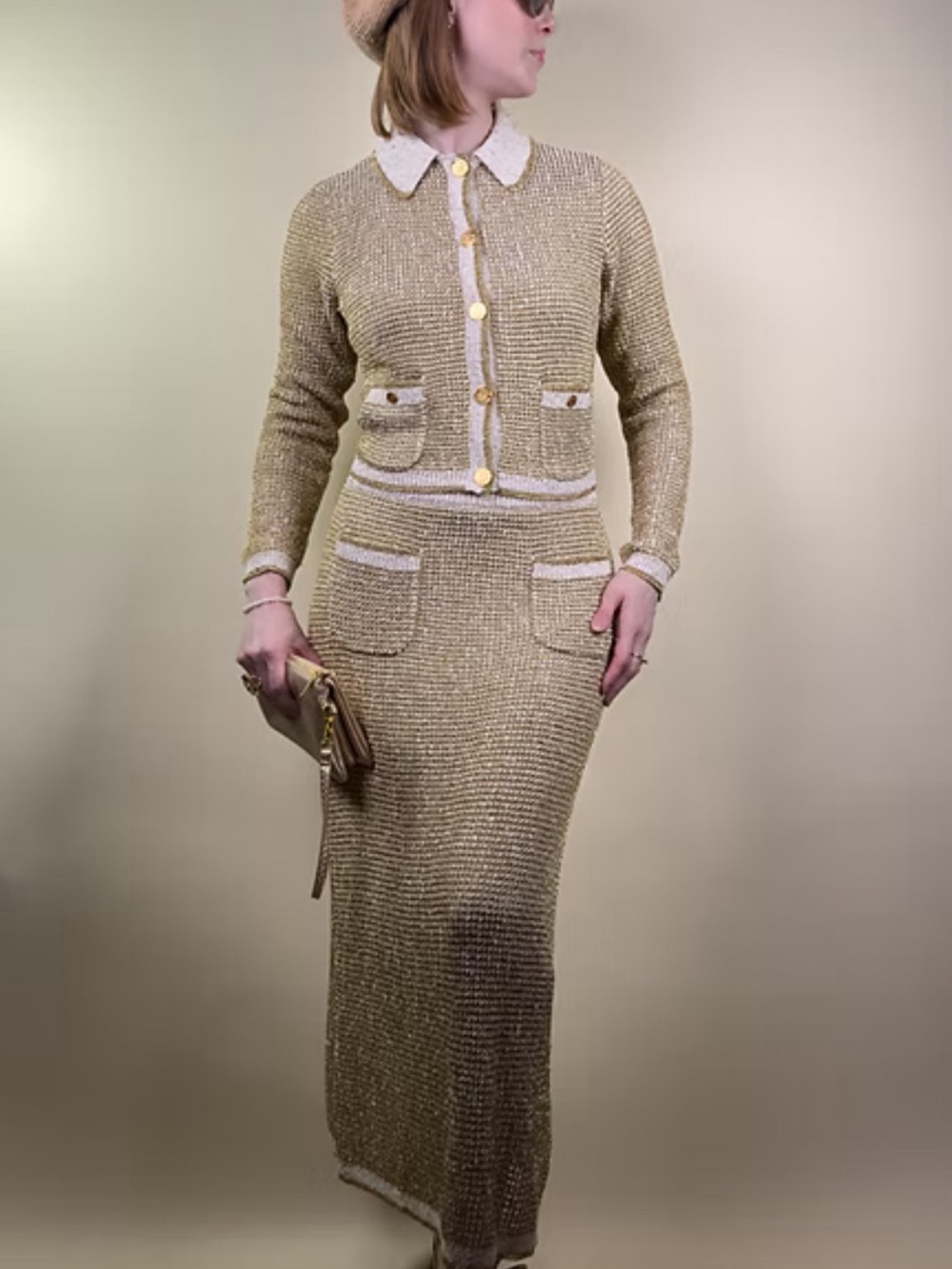 J.Crew GORGEOUS Metallic Gold Knit Cardigan & Midi Skirt Set XS/S